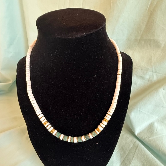 Vintage Heishe Aventurine and Quartz stone and brass necklace 17.5 inches - Picture 2 of 13